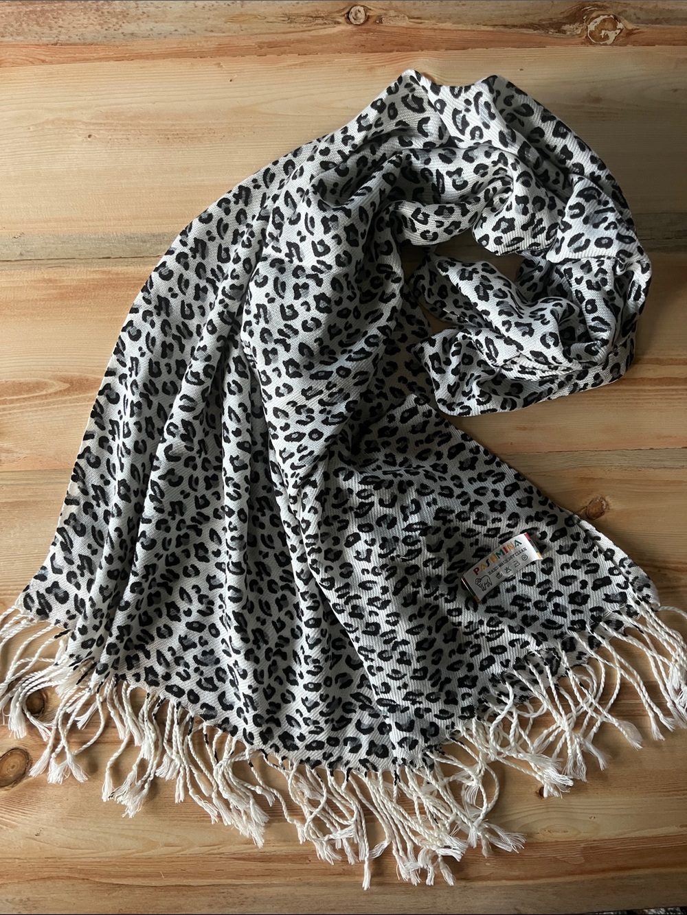pashmina Black and White Leopard Print Fringe Throw